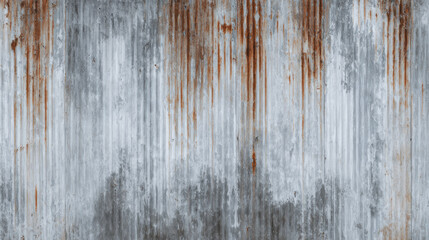 Weathered zinc sheet wall displays rustic texture with streaks of rust and faded gray tones creating aged industrial appearance suitable for backgrounds or design elements