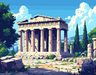 Cartoon temple ruin with fluted columns under blue skies, surrounded by greenery, with scattered stones