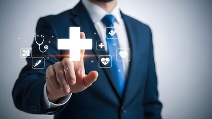 Businessman interacting with virtual medical interface symbolizing healthcare innovation and technology integration in a professional setting