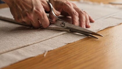 Closeup of hands skillfully cutting singlelayer fabric with shears on a wooden table highlighting craftsmanship in sampling and precise fabric handling.