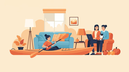 Fototapeta na wymiar Cozy autumn indoor scene with kayaking, laptop use, and pets