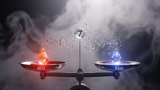 Balance scale weighing acid and base liquids in glass bowls with fiery and icy droplets on a dramatic cloudy background