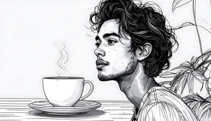 BW profile of a young man, gaze averted, a steaming cup of coffee beside. Plant fronds frame right