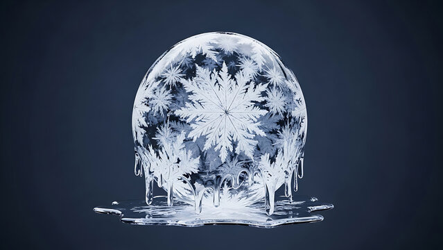 Delicate snowflake inside melting ice sphere with water drops on dark blue background