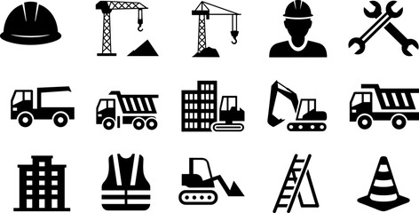 Construction icons set featuring cranes trucks excavators safety helmet tools buildings worker equipment industrial machinery flat black silhouette vector illustration design isolated white background © Tohidul