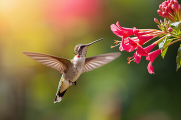 Obraz premium Hummingbird Hovering Near Vibrant Pink Flowers with Soft Green Garden Background
