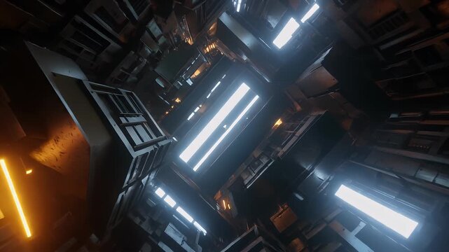 A perspective view of a metallic interior with bright lights illuminating the structured layers, creating a sense of depth