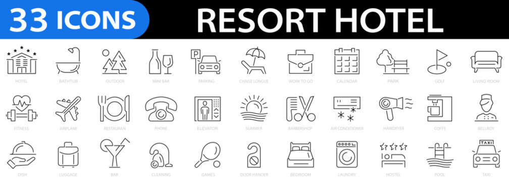Resort Hotel 33 web icon set. Tourism, wellness, beach, passport, wellness, landscape, shower, work to go, sunset and more. Editable stroke. Vector illustration