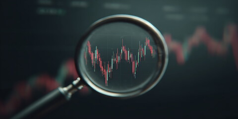 a magnifying glass that focuses on stock market charts