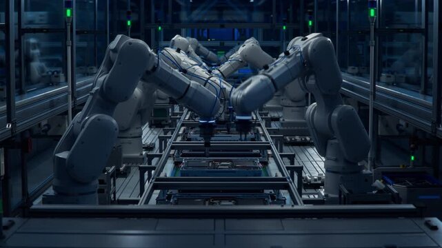 3D Animation: Robotic Arms on Production Line with Automated Manufacturing Processes. Concept: Lights out Assembly Line with Autonomous Industrial Robot Arms on a Smart Dark Factory. 