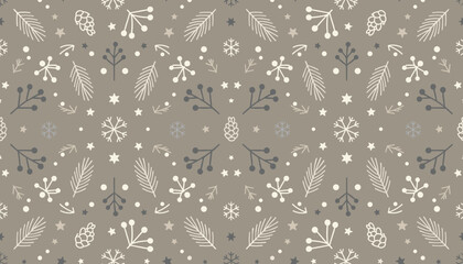 Scandinavian style seamless winter pattern with cones pine branches and snowflakes in neutral colors © Vector Market