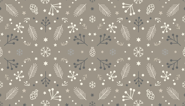 Scandinavian style seamless winter pattern with cones pine branches and snowflakes in neutral colors