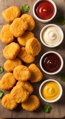 Crispy Golden Chicken Nuggets Accompanied by Four Assorted Sauces on Rustic Wood.