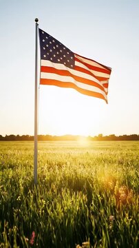 American flag waving in a sunny field during sunset