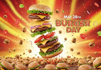 Epic Explosion of Delicious Burger Ingredients Celebrating National May 28th Day.