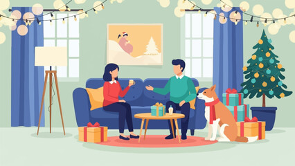 Cozy Christmas living room with a couple, dog, and festive decorations