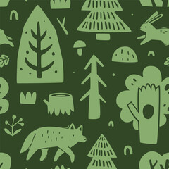 Scandinavian stamp forest pattern. Seamless doodle vector print with woodland.