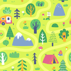 Camping map pattern. Seamless doodle valley vector print for kids carpet.