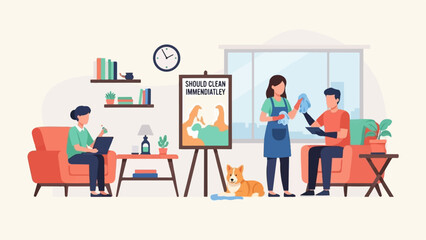 Fototapeta na wymiar Couple cleaning home interior with dog and poster