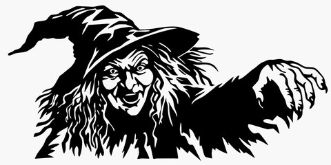 Obraz premium A spooky black and white illustration of a wicked looking witch casting a spell