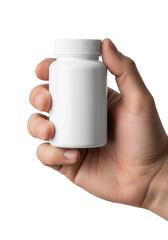 Hand holding white medicine pill bottle for healthcare and pharmacy use, isolated on transparent background