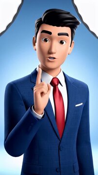 Animated businessman in suit giving presentation with confident expression