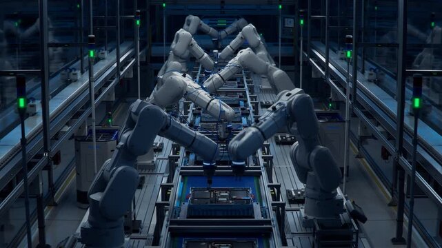 3D Animation: Robotic Arms on Production Line with Fully Automated Manufacturing Processes. Concept: Lights out Assembly Line with Autonomous Industrial Robot Arms on a Modern Dark Factory. 