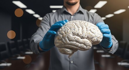 Doctor Holding Human Brain Model Demonstrating Neuroscience and Medical Research.