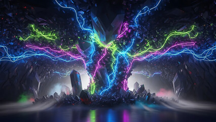 Obraz premium Vibrant Neon Lights Illuminating Dark Cavernous Landscape