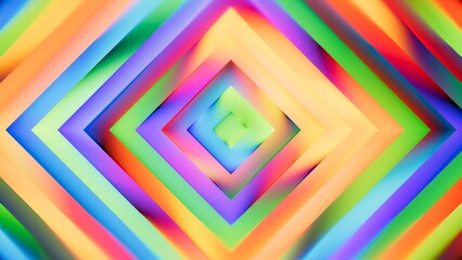 Abstract multicolored background. Layered neon diamond frames in vivid hues create depth. Bold rainbow geometric pattern with motion.