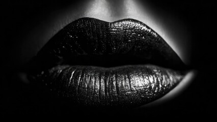 Close-up of glossy black lips in a dramatic, high-contrast black-and-white shot. Concept Close-Up Lip Detail, Glossy Black Lips, Dramatic High-Contrast, Black-and-White Portrait