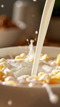 Close-up of milk pouring into a cereal bowl for breakfast