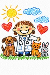 A cheerful child veterinarian with brown hair and a big smile, dressed in a white coat with a stethoscope, stands on green grass surrounded by a happy brown dog, an orange cat, and a gray bunny