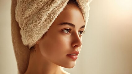 Fototapeta premium Young woman with a fluffy towel wrapped around her head, gazing to the side. Concept Self-care portrait, Towel-wrapped head, Side gaze, Soft natural lighting, Calm mood