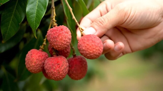 A hand picks a ripe, red lychee fruit from a hanging cluster on a green-leafed tropical tree branch, showcasing the careful harvesting process in an orchard.