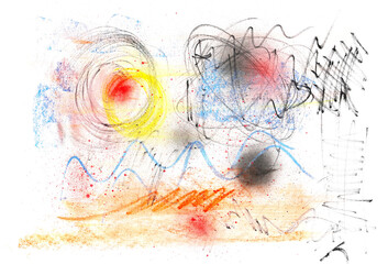 Grunge abstract landscape, artistic scribbling, colorful shapes, isolated on white background and...