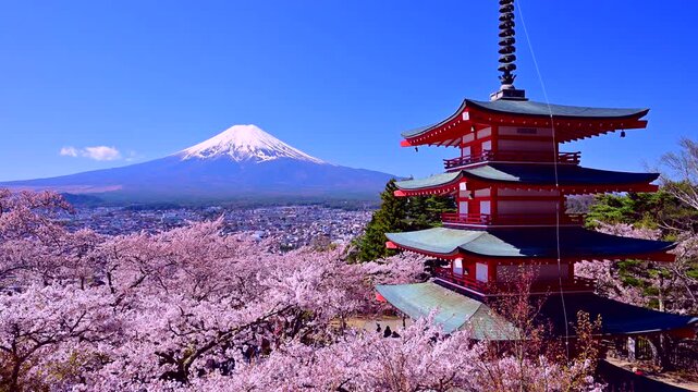 雪の富士山と桜の新倉山浅間公園