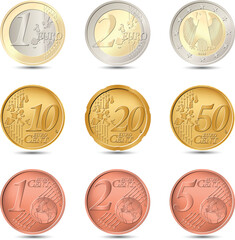 Euro coins set realistic 1 2 10 20 50 cent European currency, Realistic euro currency coins set 1 cent to 2 euro vector illustration.