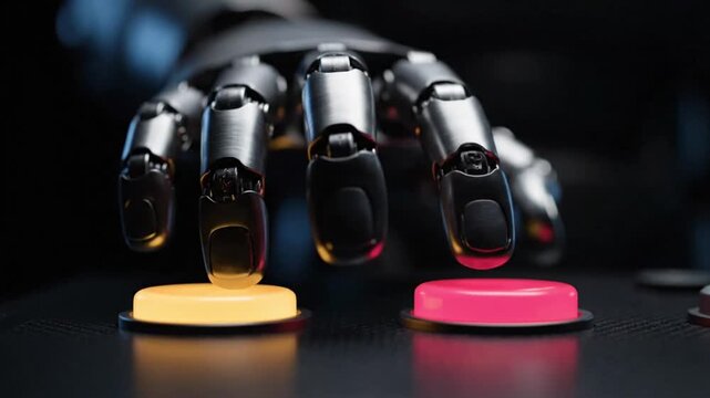 Robotic Hand Hovering Over Yellow and Pink Buttons Making a Decision