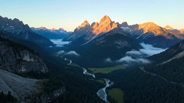Snow-capped alpine peaks bathed in golden sunrise over a v-shaped valley and meandering river