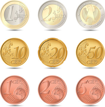 Euro coins set realistic 1 2 10 20 50 cent European currency, Realistic euro currency coins set 1 cent to 2 euro vector illustration.