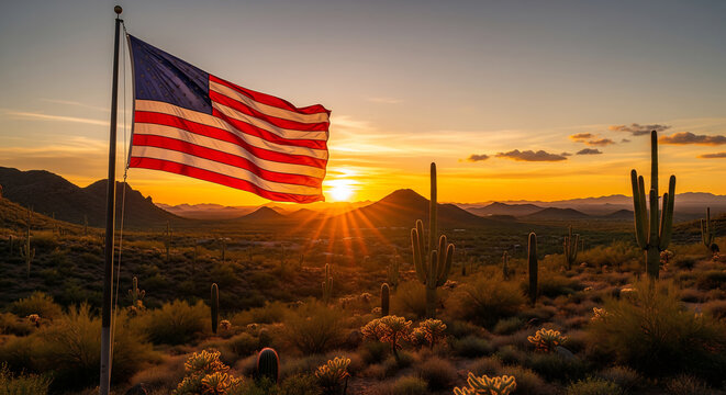American Flag Waving in the Desert at Sunset: Patriotism, Freedom, and Scenic Beauty.