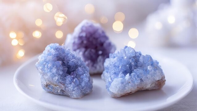 Three blue druzy crystal clusters on a white plate, softly lit with warm bokeh lights in the background. Concept Blue druzy crystals, White plate, Soft warm lighting, Warm bokeh background