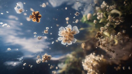 A close-up view reveals various microbial life forms in water samples, highlighting their intricate structures and the importance of these organisms in aquatic ecosystems and global nutrient