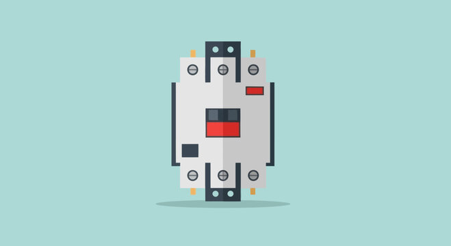 Modern electrical contactor isolated on a teal background.