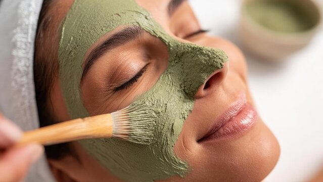 A spa treatment where a green clay facial mask is being applied to a person&rsquo;s face with a brush. Concept Spa Treatment, Green Clay Mask, Facial Mask Application with Brush, Relaxing Spa Scene