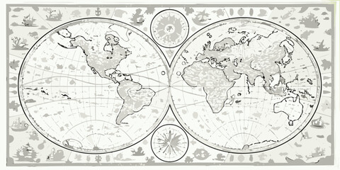 Antique world map illustration with two hemispheres and decorative elements © Raben