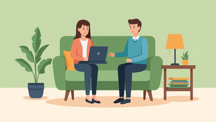 Couple on sofa with laptop, plant and lamp