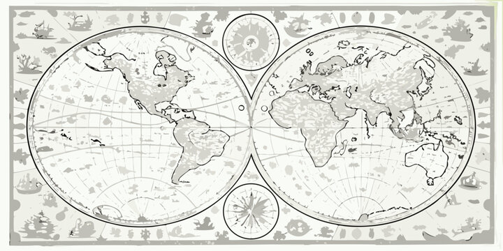 Antique world map illustration with two hemispheres and decorative elements