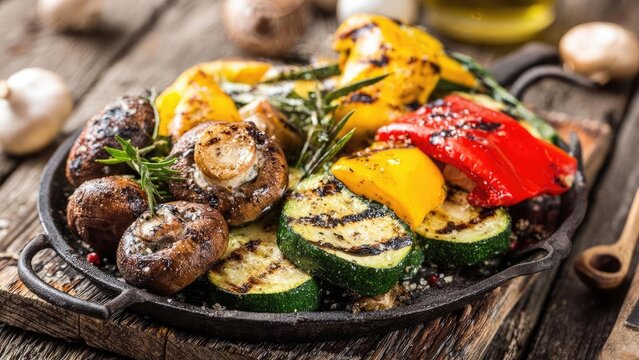 A cast-iron skillet filled with grilled vegetables&mdash;zucchini rounds, yellow and red peppers, and mushrooms, topped with herbs. Concept Cast-iron skillet cooking, Grilled vegetable medley
